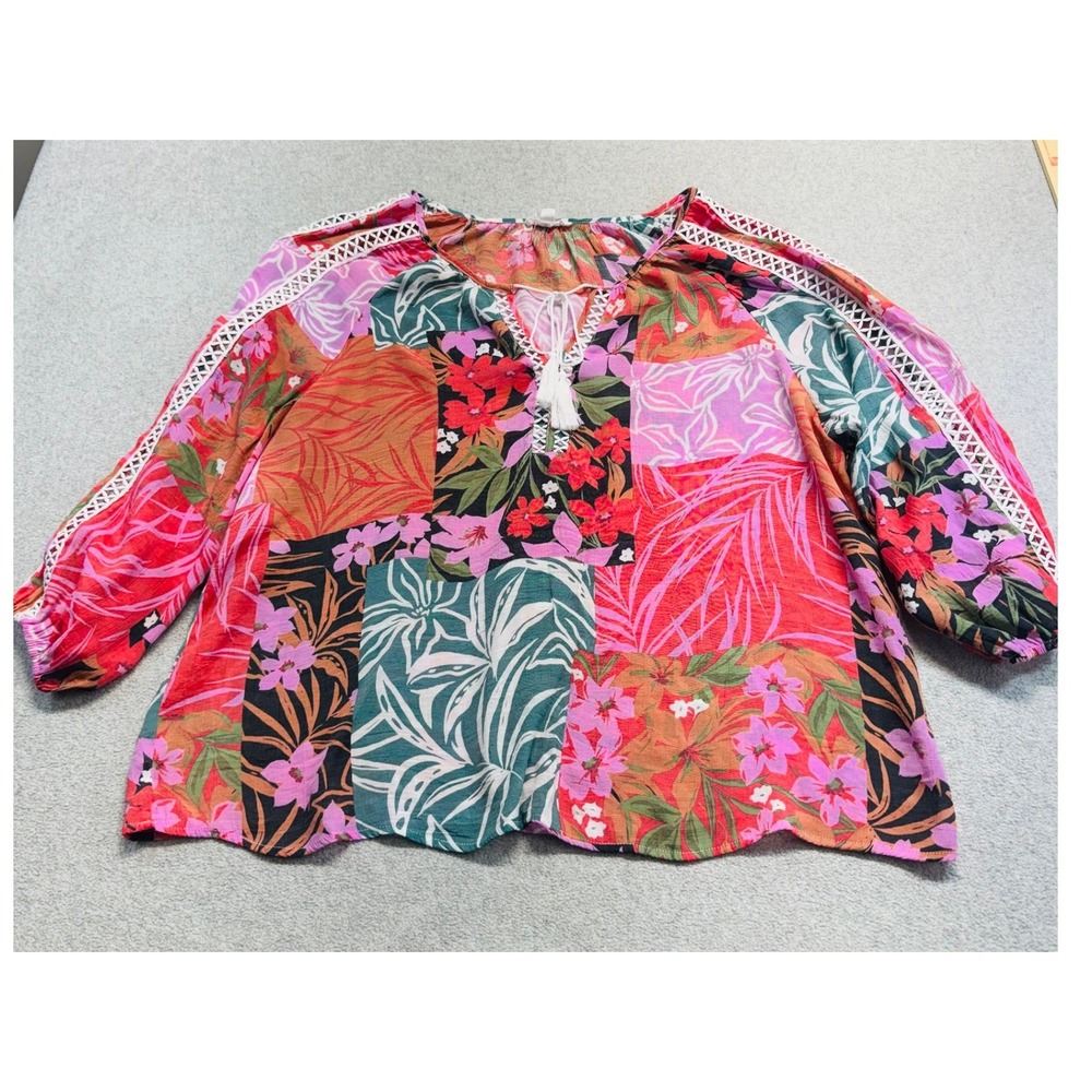 Palm Rio Blouse Womens XL Multicolor Patchwork Floral Boho Tassel Crochet Top